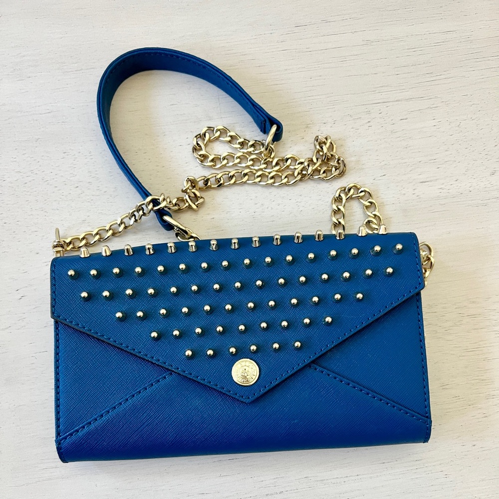 Rebecca Minkoff Navy Blue Leather Gold Studded Chain Small Crossbody Purse EUC